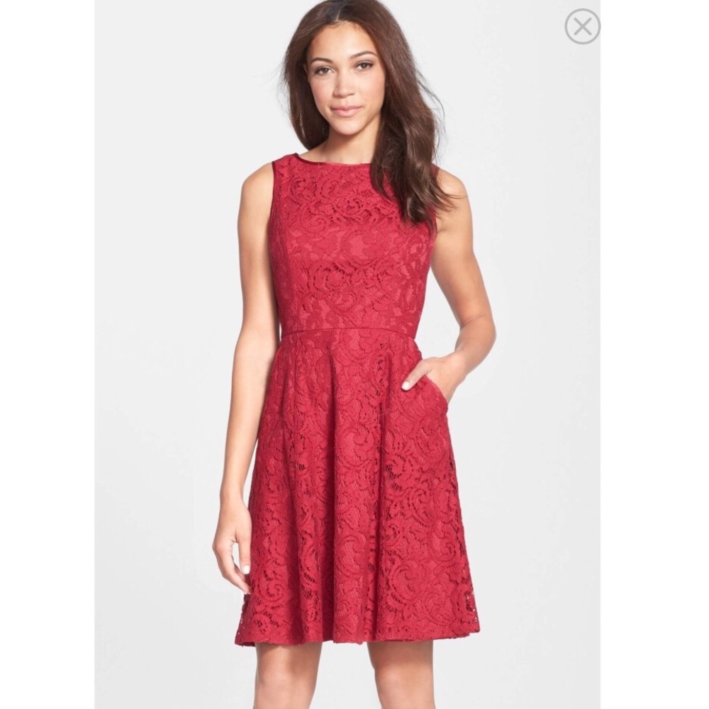 Adrianna Papell maroon pink lace fit & flare dress